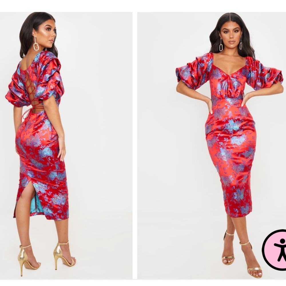 Pretty Little Thing Red Floral Jacquard Lace Up Back Midi Dress